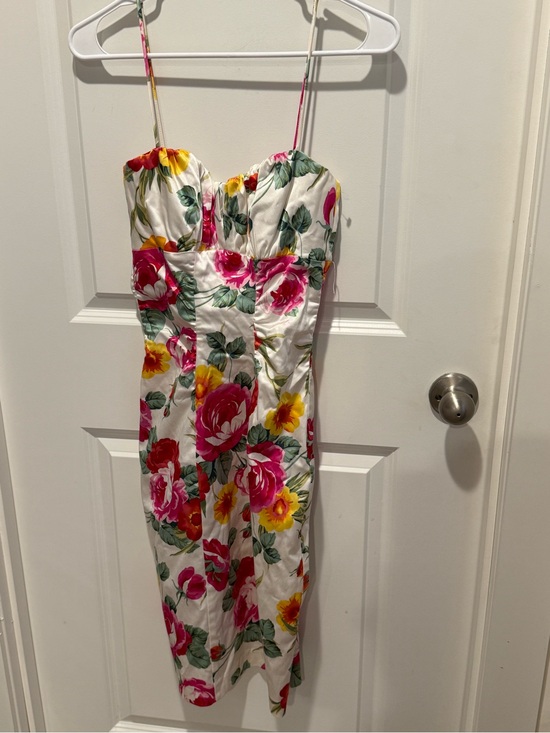 Cache Dresses & Skirts - Cache Floral Satin Bustier Midi Dress White Pink Yellow Size 6 Vintage Y2K